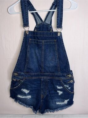 KanCan Distressed Dark Blue Denim Short Overalls